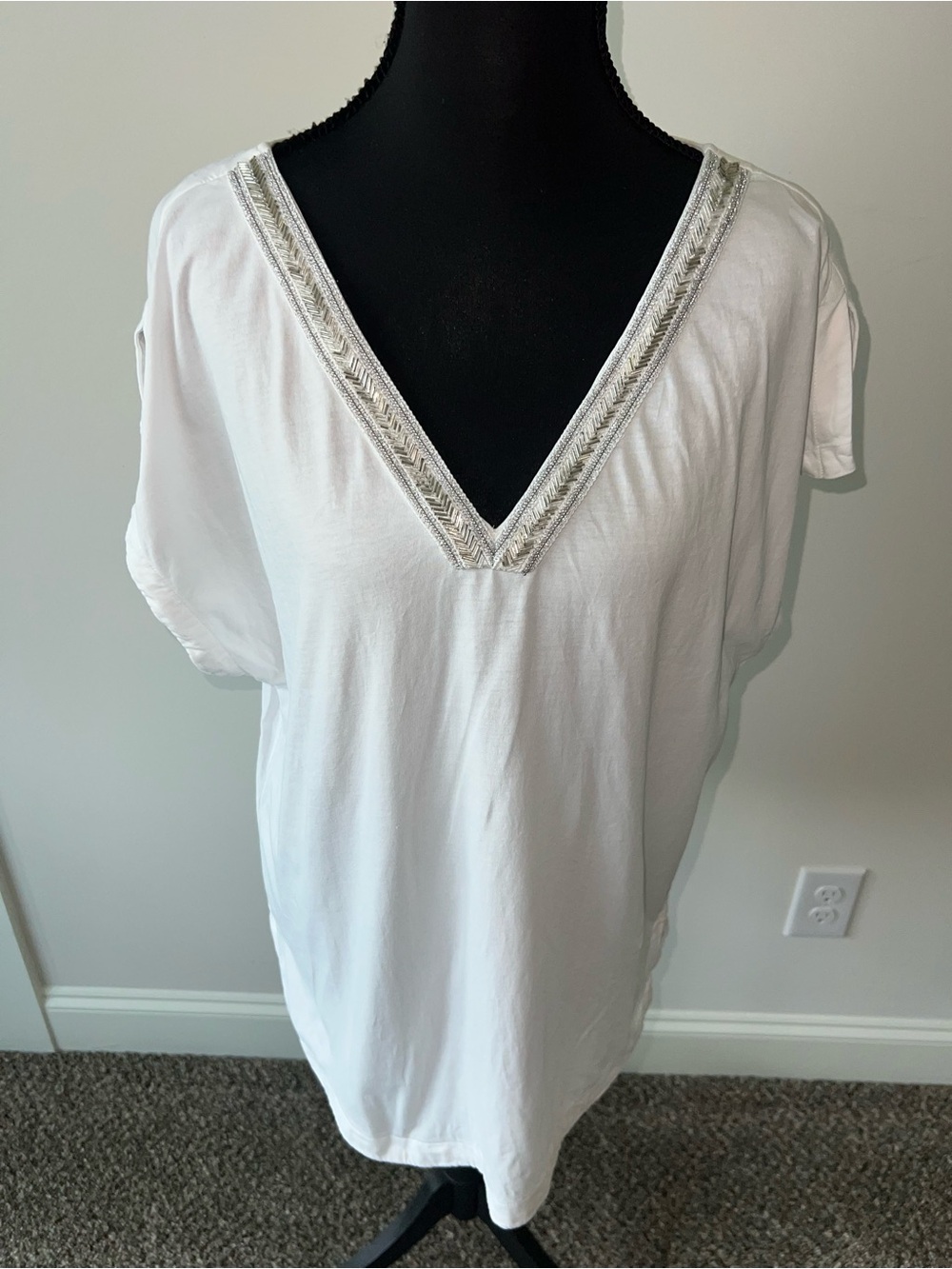 Tommy Bahama White V-Neck Top with Metallic Embellished Trim 100% Cotton